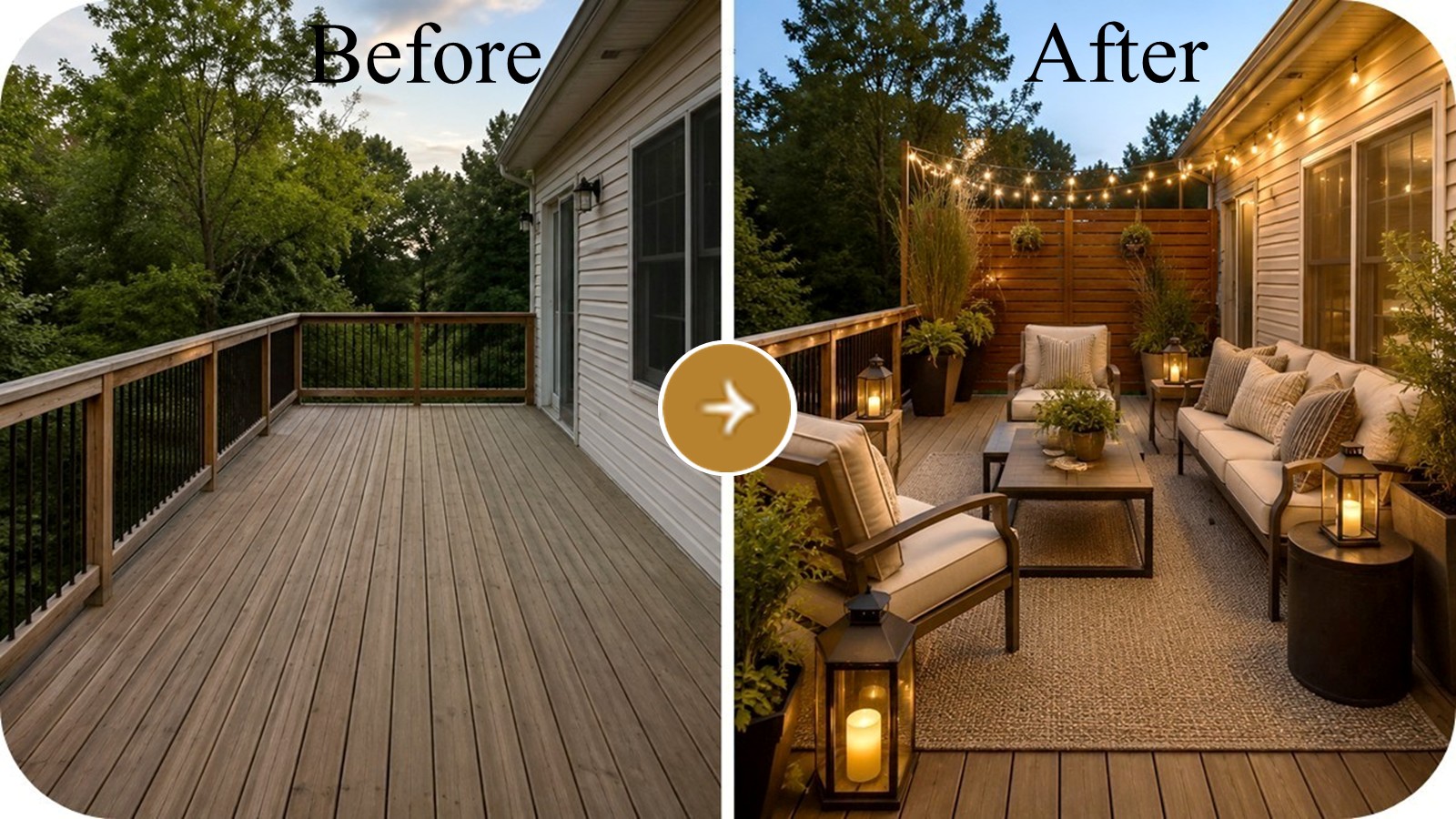 Before and after deck transformation showing a plain empty deck turned into a cozy outdoor retreat with seating, rug, string lights, lanterns, planters, and warm evening styling.