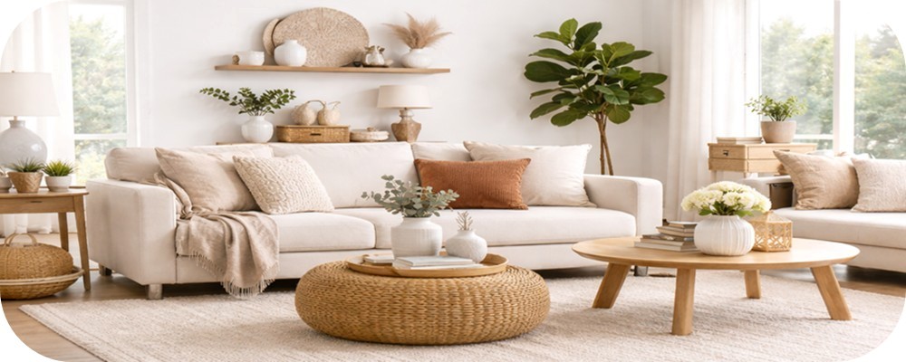 Bright neutral living room with cream sofas, woven coffee table, wood accents, plants, soft pillows, and cozy natural textures.
