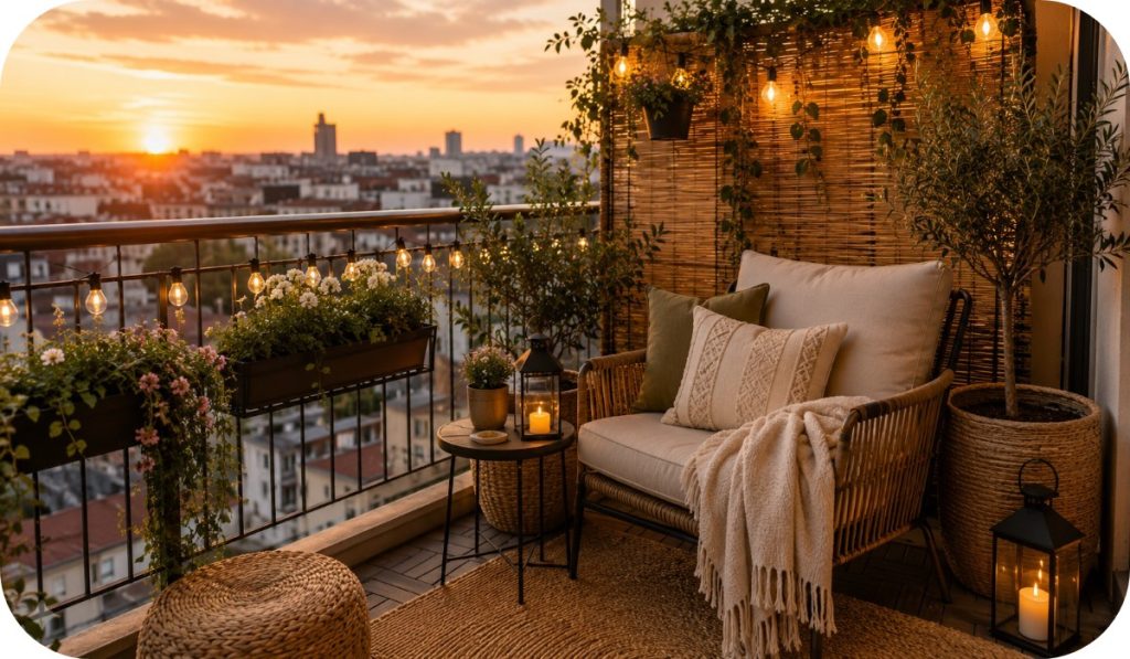 Small balcony lounge with woven chair, neutral pillows, throw blanket, railing planters, lanterns, string lights, and warm sunset city view.
