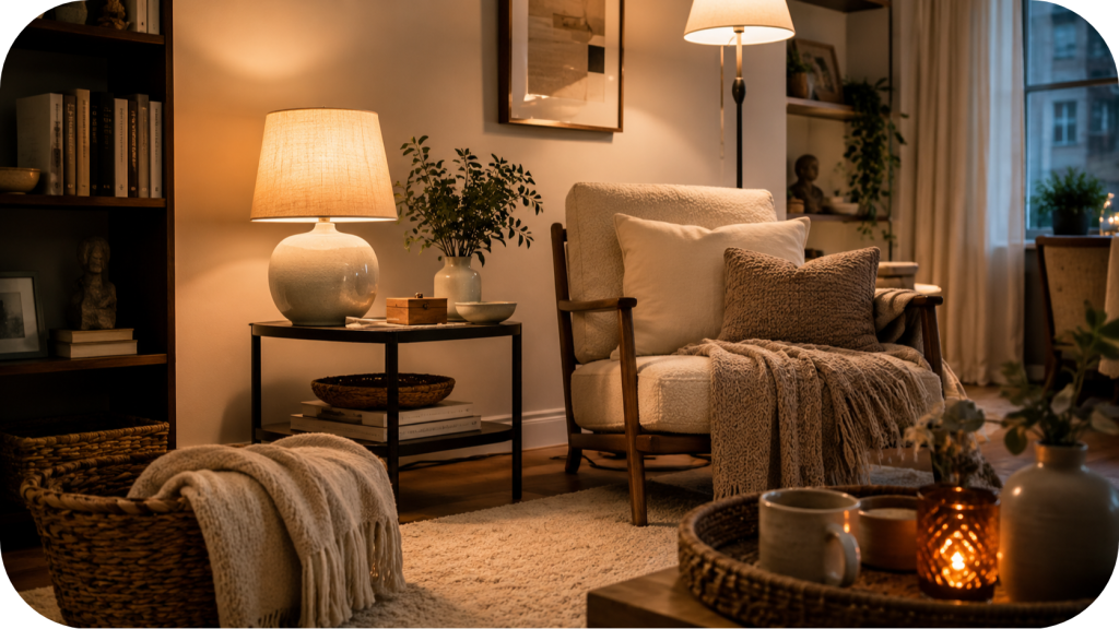 Small apartment living room corner with glowing table lamp, slim floor lamp, textured accent chair, soft rug, woven basket, greenery, and warm cozy lighting.