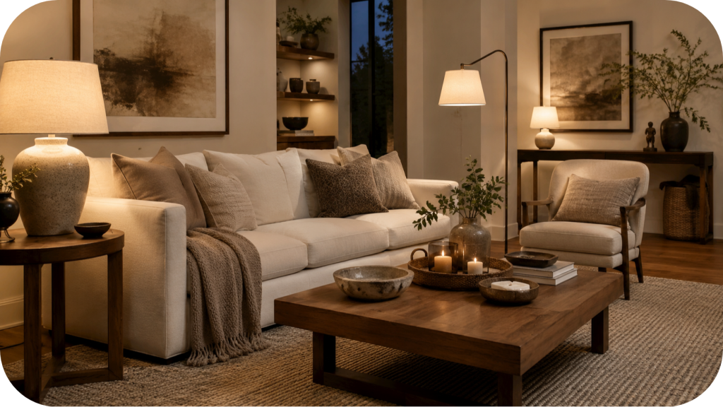 Warm neutral living room with ceramic table lamp, floor lamp, cream sofa, textured pillows, wood coffee table, candles, greenery, and soft evening lighting.