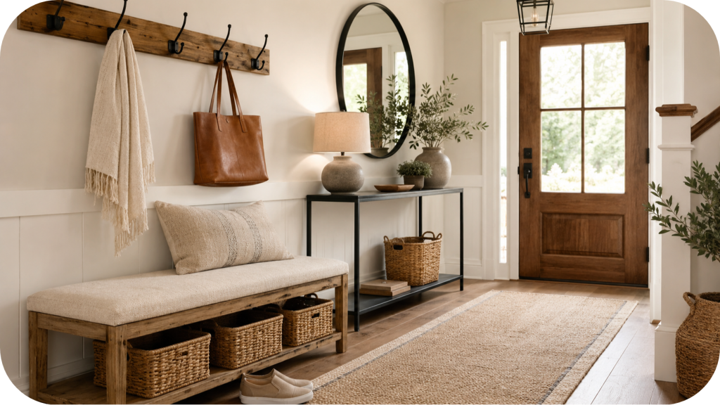 Styled entryway with wood storage bench, wall hooks, woven baskets, console table, round mirror, table lamp, runner rug, and warm natural light.