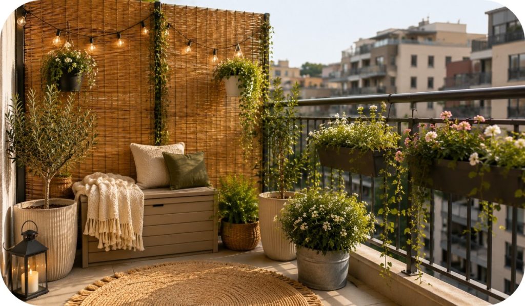Small urban balcony with bamboo privacy screen, railing planters, potted greenery, storage bench, outdoor rug, throw blanket, and warm string lights.