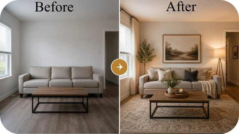 Before and after living room transformation showing a plain sofa and coffee table updated with warm lighting, area rug, pillows, wall art, greenery, and cozy styled accents.