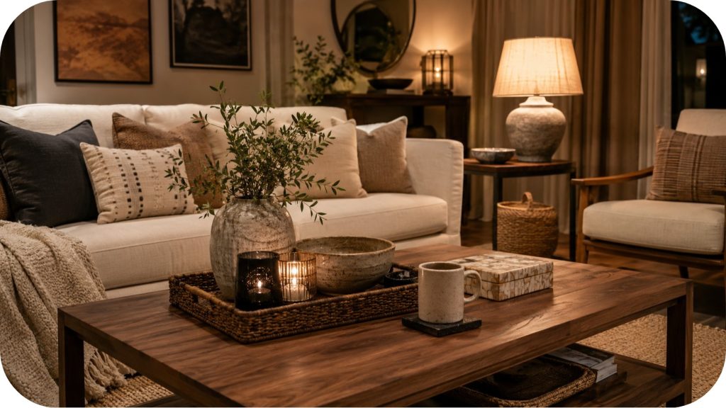 Warm living room coffee table styled with woven tray, ceramic bowl, candle holders, greenery, mug, textured pillows, throw blanket, and soft lamp lighting.