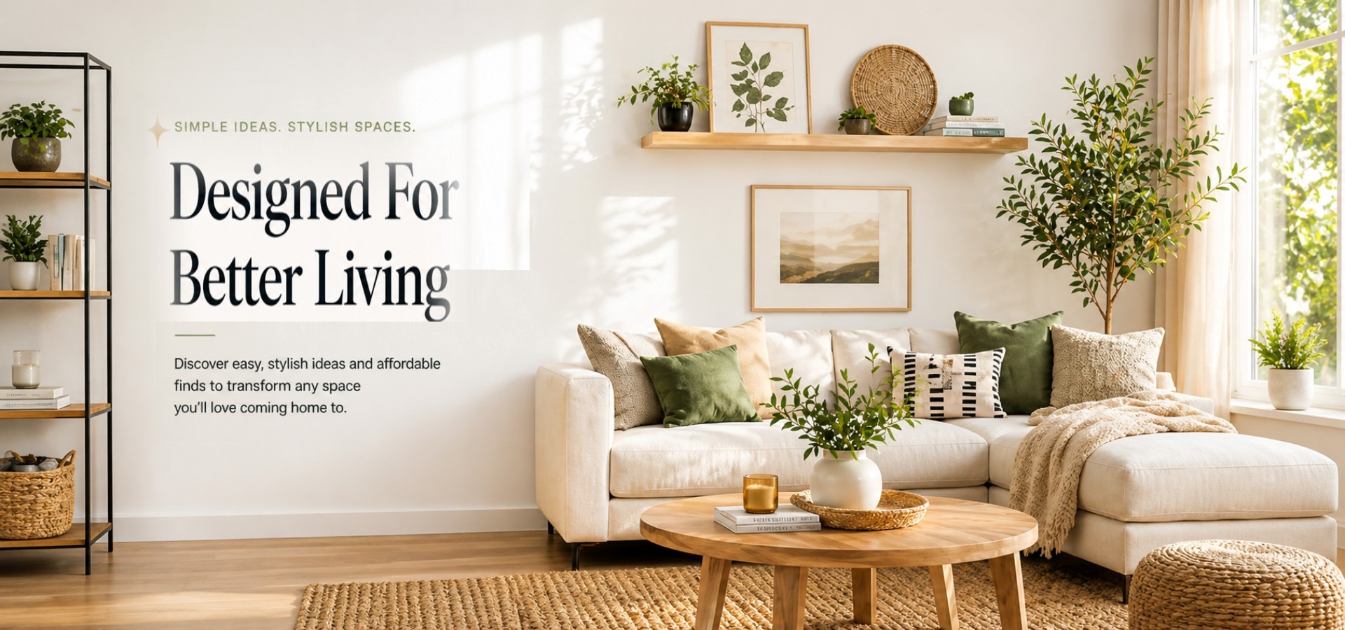 Warm modern living room hero image with text reading Designed For Better Living Made Smarter, featuring neutral decor, wood accents, greenery, and a cozy sofa.