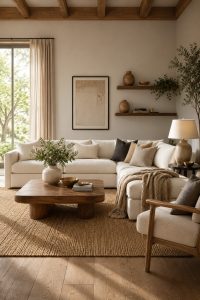 Neutral living room with cream sofa, warm wood coffee table, textured pillows, soft throw blanket, greenery, table lamp, and calm natural light.