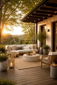 Outdoor terrace lounge with cream sofa, woven chair, neutral rug, lanterns, potted greenery, string lights, and warm golden-hour lighting.