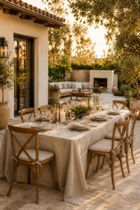 Outdoor dining table with neutral tablecloth, wood chairs, candle lanterns, glassware, greenery centerpiece, and warm garden patio setting.