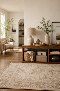 Console table styled with ceramic lamp, woven basket, greenery, storage boxes, warm wood tones, neutral décor, and soft natural light