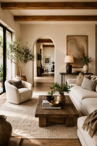 Modern neutral living room with cream chairs, wood coffee table, greenery, ceramic vases, abstract wall art, warm lamp light, and calm styling.