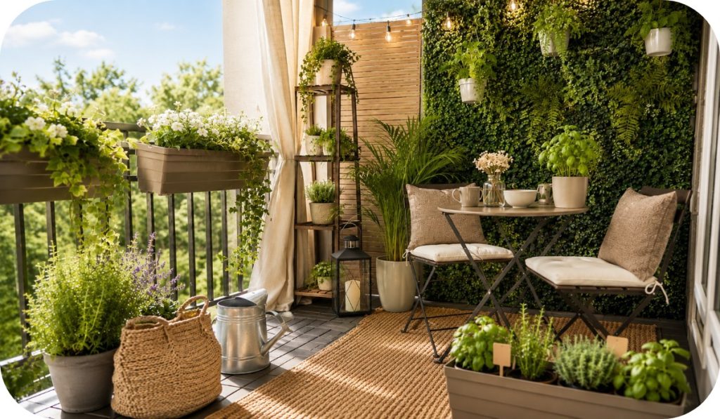 Small renter-friendly balcony with faux greenery wall, railing planters, potted herbs, bistro set, woven basket, outdoor rug, and soft string lights.
