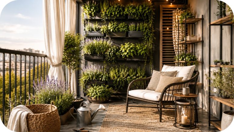 Small balcony with vertical garden wall, wall-mounted planters, potted herbs, lounge chair, neutral outdoor rug, and warm string lights.