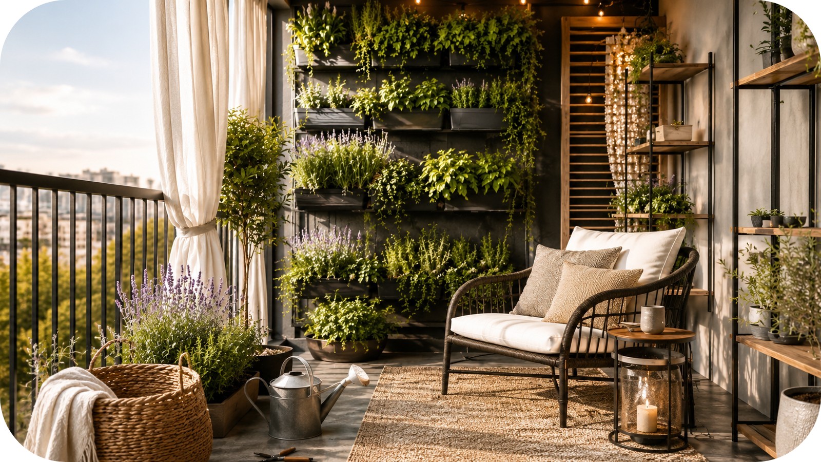 Small balcony with vertical garden wall, wall-mounted planters, potted herbs, lounge chair, neutral outdoor rug, and warm string lights.
