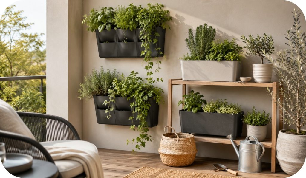 Vertical garden detail with wall-mounted planters, potted herbs, trailing greenery, woven basket, watering can, outdoor shelf, and warm balcony styling.