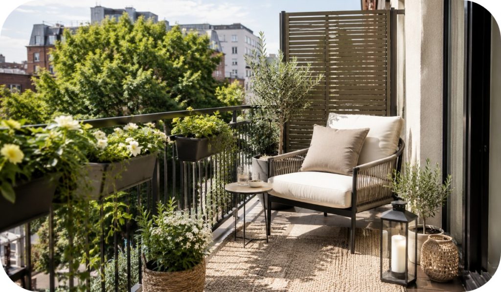 Daylight balcony retreat with lounge chair, railing planters, privacy screen, outdoor rug, potted greenery, lantern, and warm neutral styling.