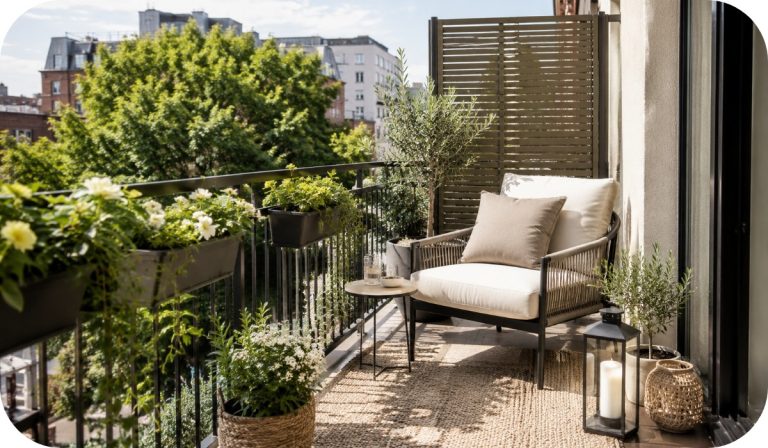 Daylight balcony retreat with lounge chair, railing planters, privacy screen, outdoor rug, potted greenery, lantern, and warm neutral styling.