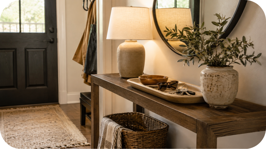 Entryway console table with glowing lamp, round mirror, ceramic vase with greenery, catchall tray, keys, woven basket, and warm neutral décor.
