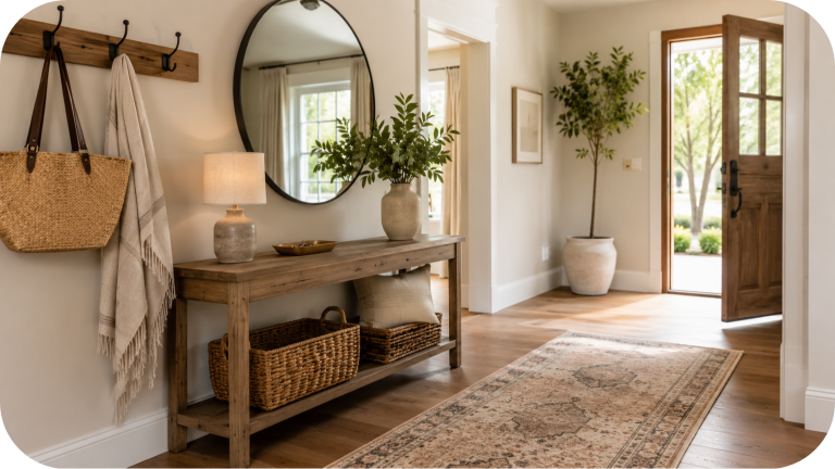 Bright entryway with wood console table, round mirror, hooks, woven baskets, table lamp, greenery, runner rug, and warm natural light.
