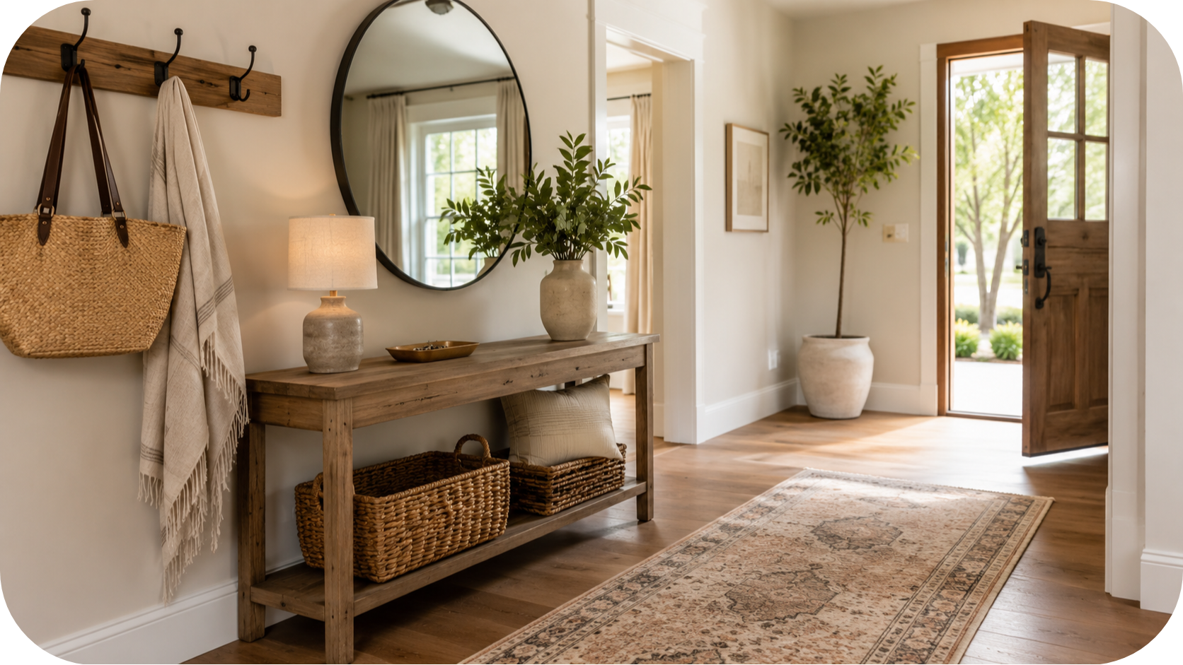Bright entryway with wood console table, round mirror, hooks, woven baskets, table lamp, greenery, runner rug, and warm natural light.