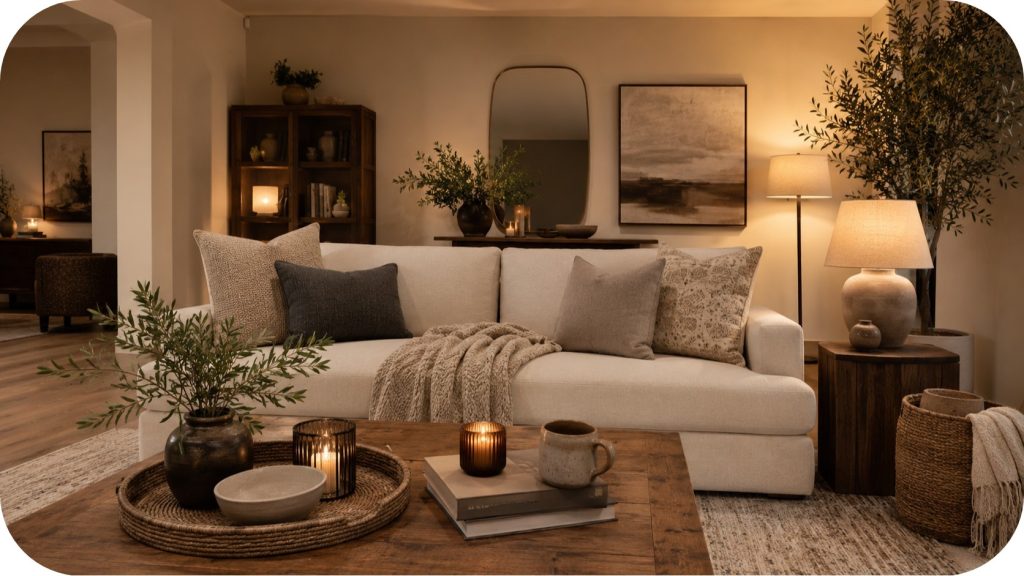 Cozy neutral living room with cream sofa, layered pillows, warm table and floor lamps, textured rug, wood coffee table, greenery, and styled accents.