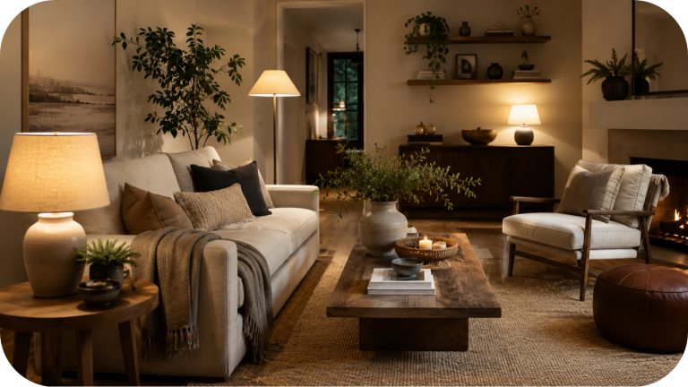 Cozy living room with warm table lamps, floor lamp, neutral sofa, textured pillows, wood coffee table, greenery, and soft evening lighting.
