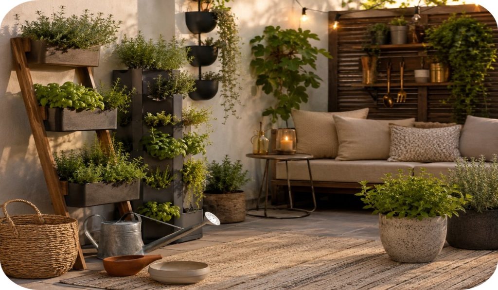 Warm patio garden corner with tiered vertical planters, potted herbs, trailing greenery, woven basket, watering can, outdoor rug, and cozy seating.