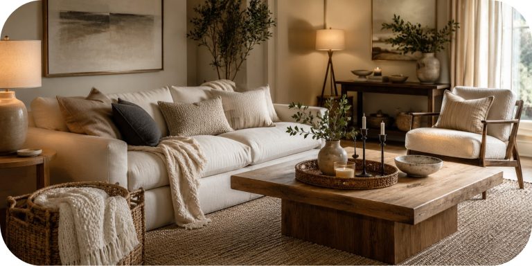 Cozy warm neutral living room after a styling refresh with a cream sofa, textured pillows, soft throw blanket, woven basket, wood coffee table, greenery, and warm lighting.