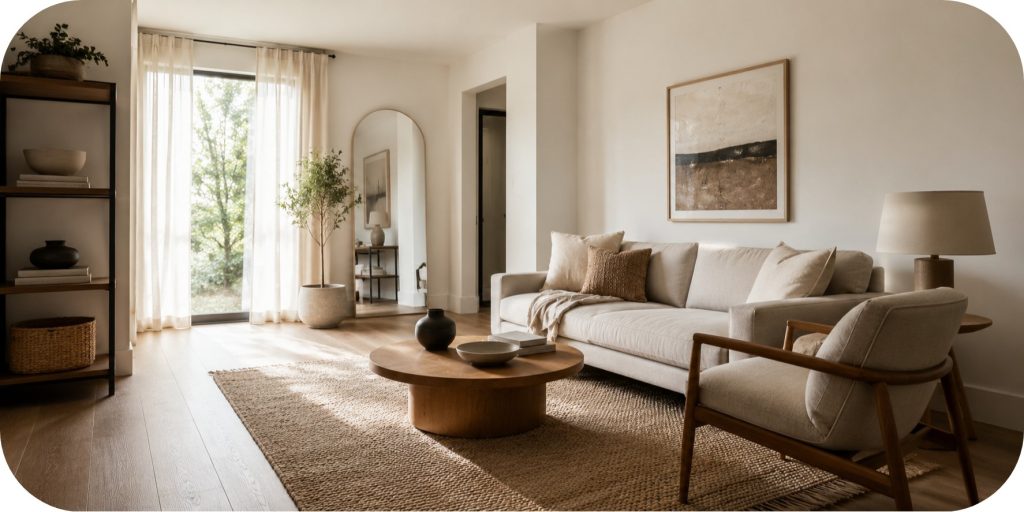 Bright minimal small apartment living room with neutral sofa, round coffee table, accent chair, and open layout with natural light and soft textures.
