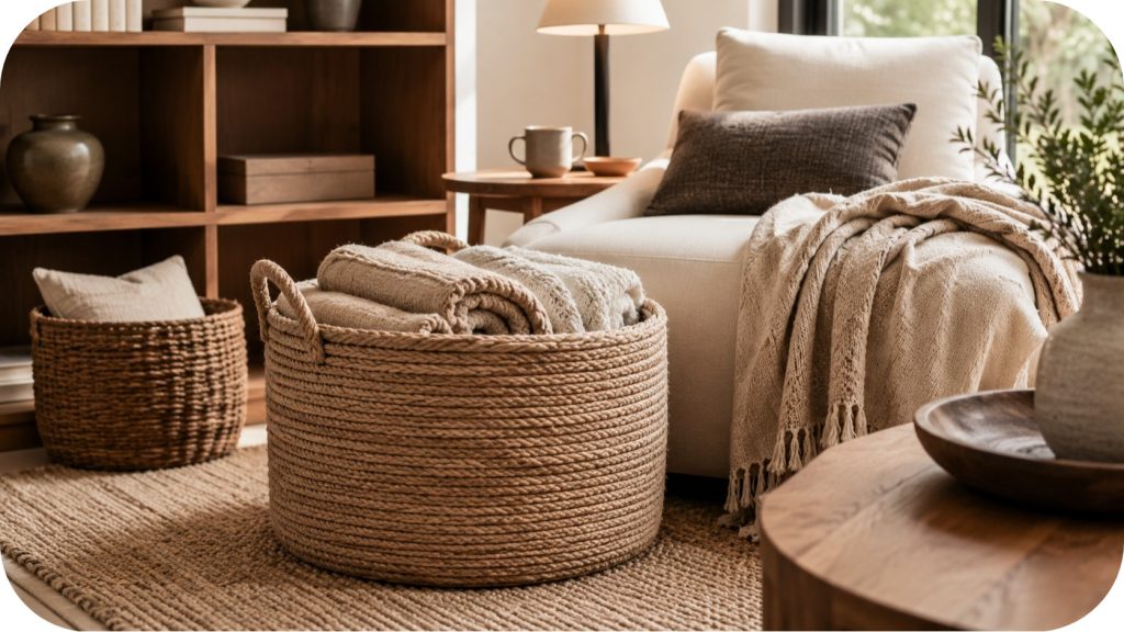 A detailed close-up of woven storage baskets and soft textiles in warm neutral lighting, highlighting natural fibers, rope texture, and calm editorial styling.