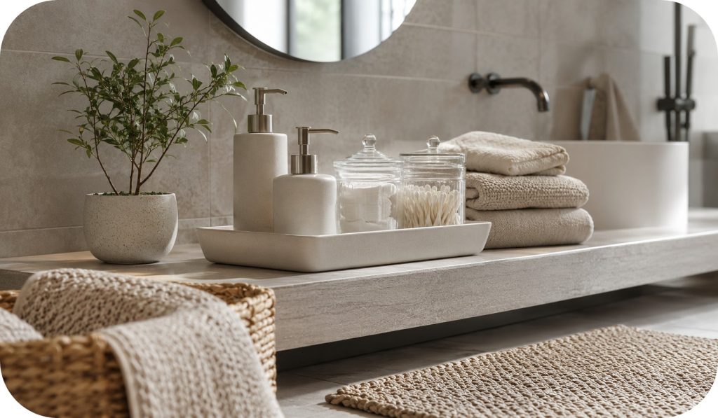 Close-up bathroom styling with ceramic tray, glass jars, folded towels, small plant, woven basket, and soft spa lighting with warm neutral textures.