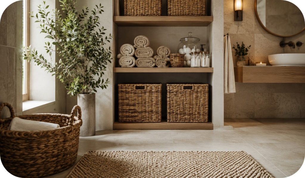 Minimal bathroom shelving styled with woven baskets, rolled towels, glass jars, and small greenery, creating a clean and organized spa-inspired storage display.