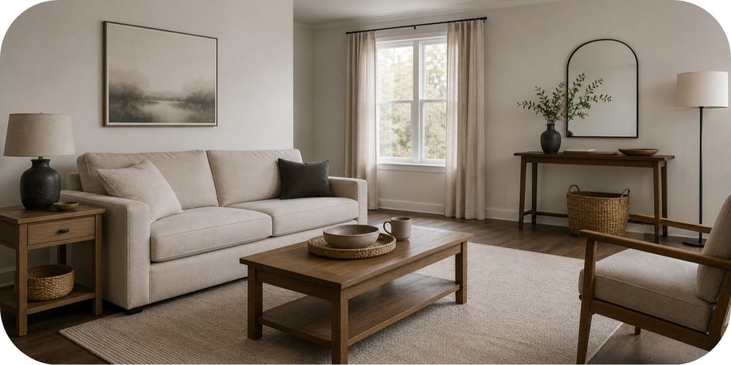 Plain neutral living room before a styling refresh with a simple sofa, basic coffee table, understated rug, minimal pillows, and flat natural lighting.