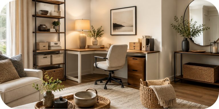 Warm neutral corner office with a compact desk, comfortable office chair, desk lamp, open shelving, woven baskets, greenery, and soft natural light.