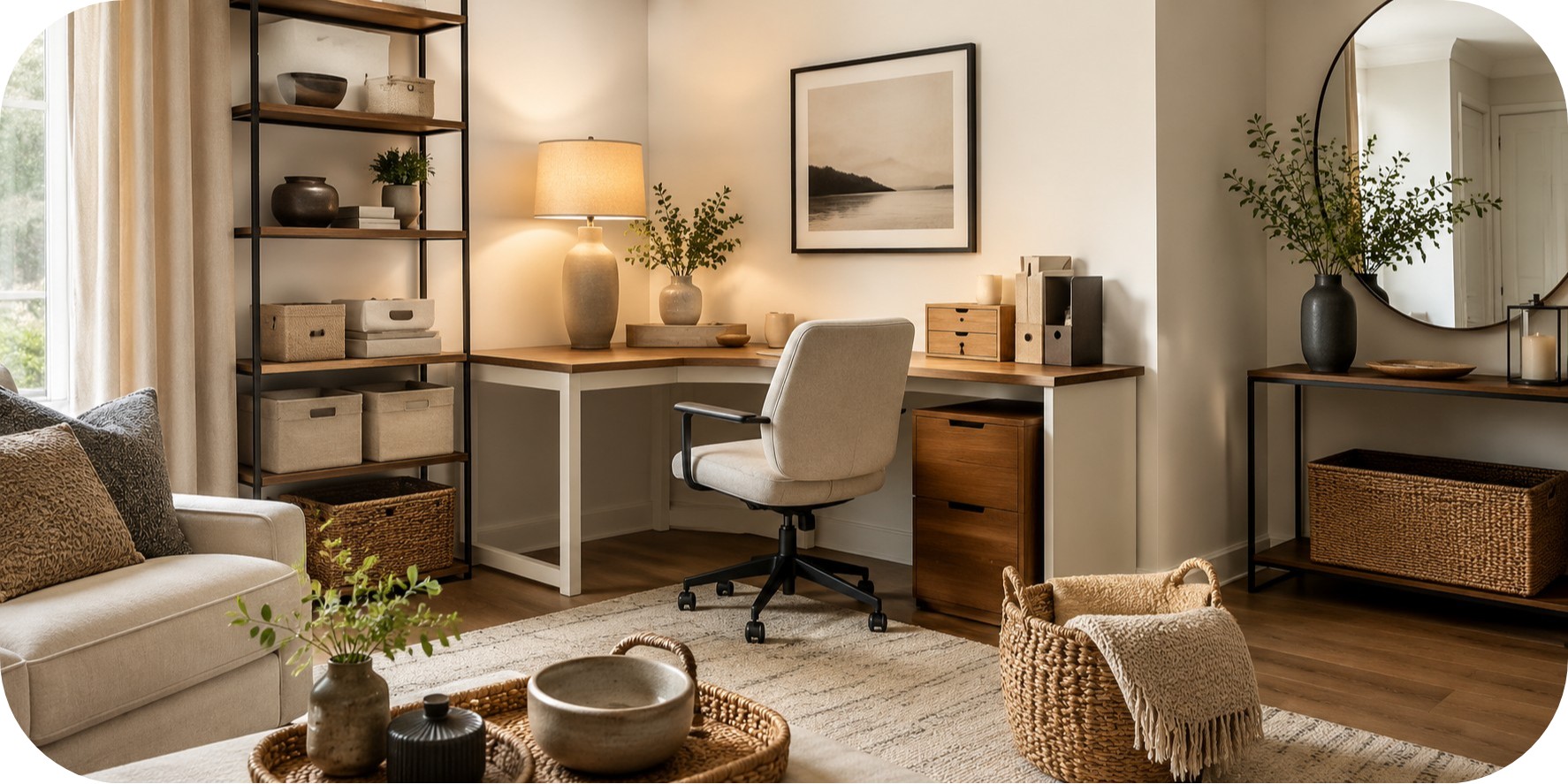 Warm neutral corner office with a compact desk, comfortable office chair, desk lamp, open shelving, woven baskets, greenery, and soft natural light.