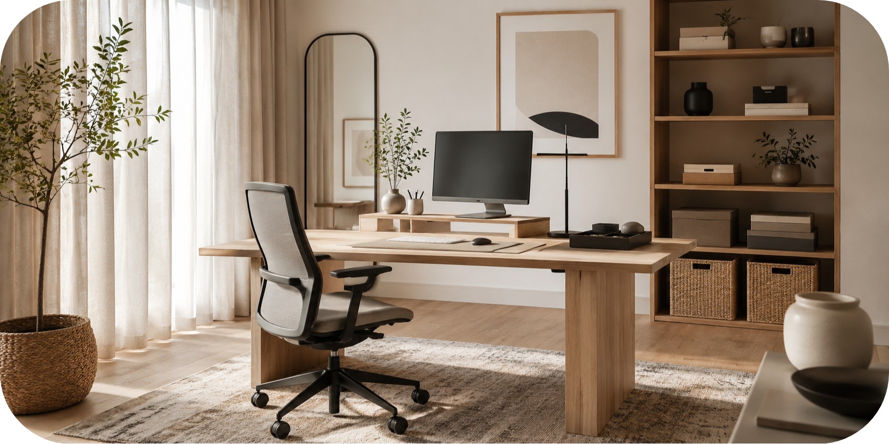 Warm neutral home office with a light wood desk, monitor stand, desk lamp, organizer tray, ergonomic chair, open shelving, woven baskets, and soft natural light