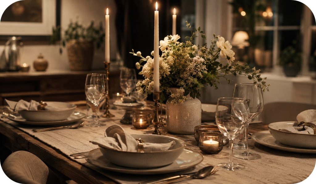 Evening dining table styled with linen runner, ceramic plates, glassware, candlesticks with taper candles, and a small floral arrangement creating a warm ambient glow.