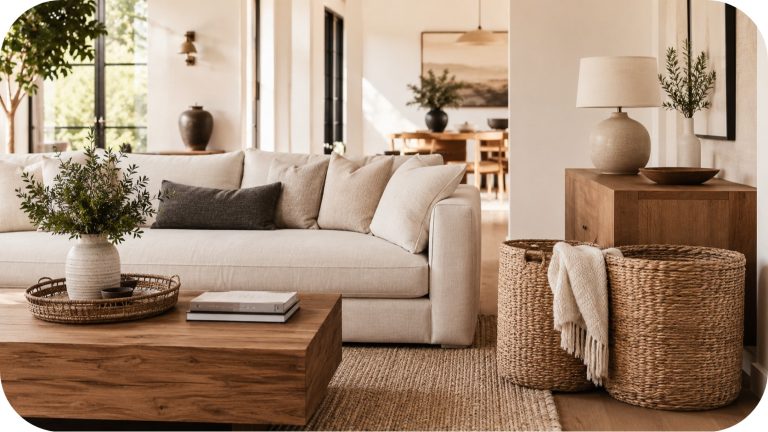 A warm neutral living room styled with woven storage baskets beside a sofa, featuring soft blankets, textured rug, and minimal decor in natural light.