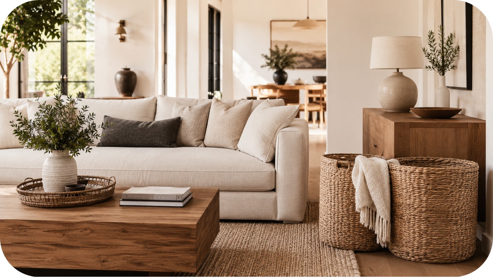 A warm neutral living room styled with woven storage baskets beside a sofa, featuring soft blankets, textured rug, and minimal decor in natural light.