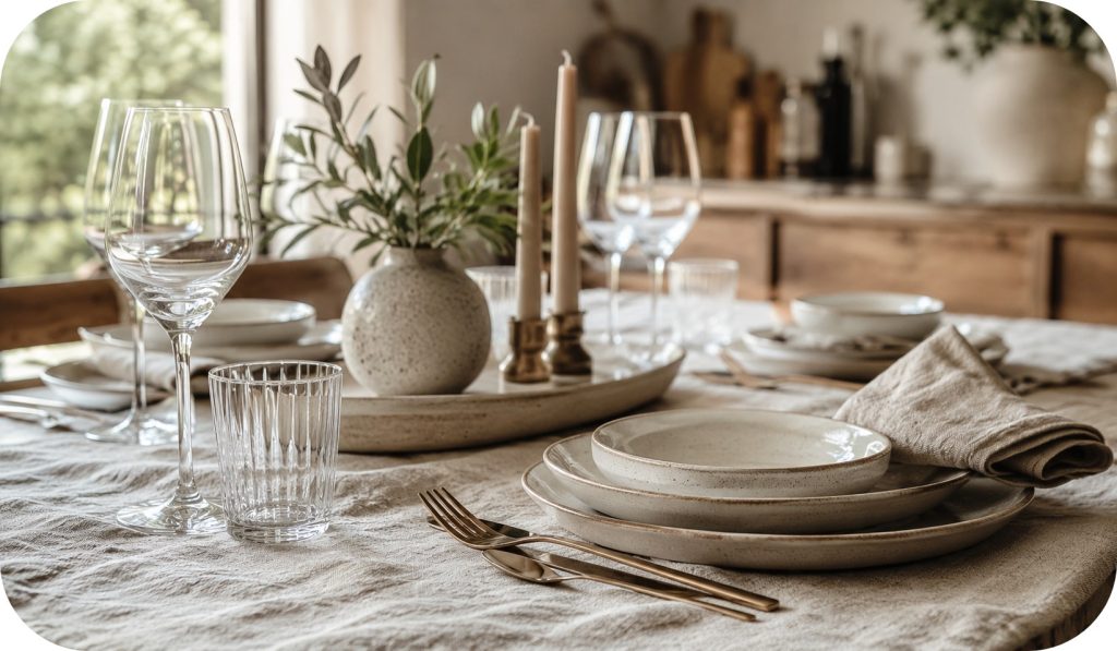 Close-up editorial table styling with linen runner, ceramic plates, glassware, brushed metal cutlery, and a ceramic tray with candles and small vase in warm natural light.