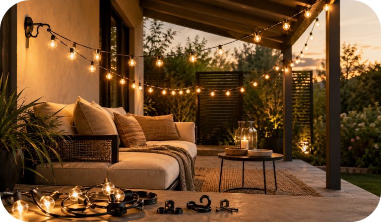 Cozy covered patio with string lights being installed above a lounge seating area, warm cushions, lantern, rug, and soft golden-hour glow.