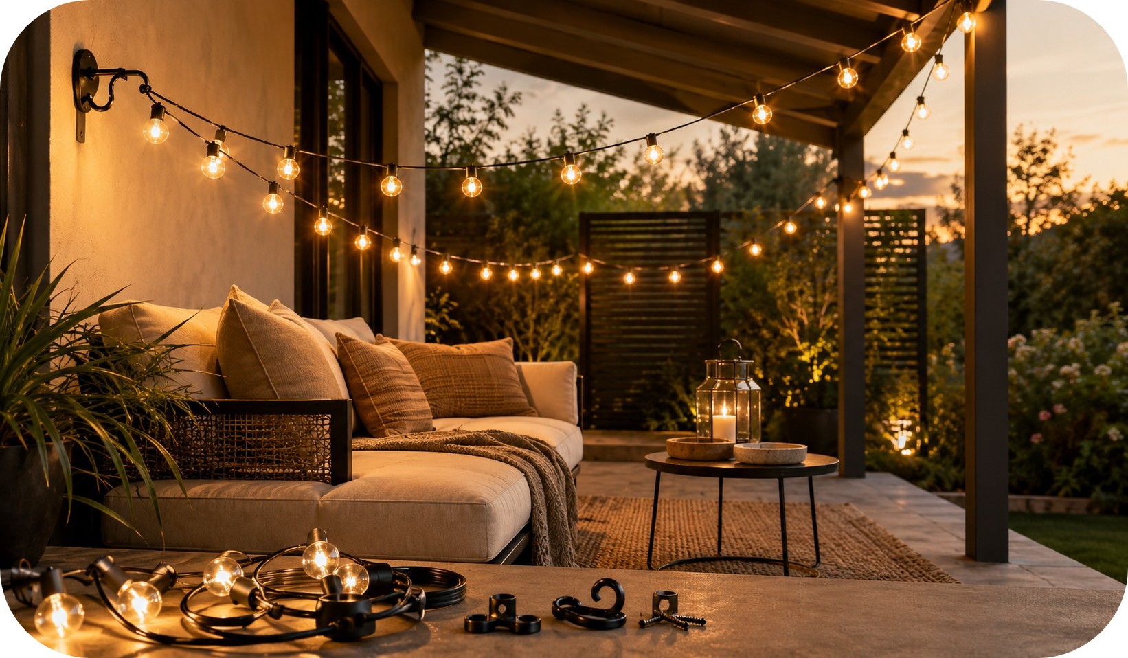 Cozy covered patio with string lights being installed above a lounge seating area, warm cushions, lantern, rug, and soft golden-hour glow.