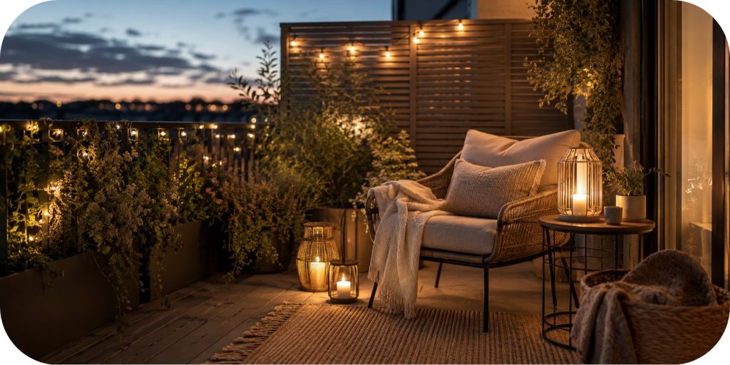 Small balcony at golden hour with string lights, lanterns, and a cushioned lounge chair creating a warm inviting outdoor atmosphere.