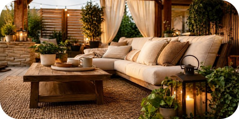Cozy covered patio lounge with neutral outdoor sofa, layered cushions, textured rug, coffee table, lanterns, and warm string lights in soft golden-hour lighting.