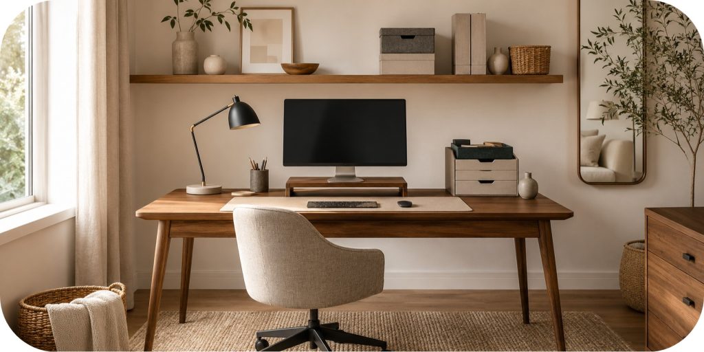 Calm minimal workspace with a warm wood desk, neutral chair, monitor stand, desk lamp, floating wall shelf, storage boxes, woven basket, greenery, and textured rug.