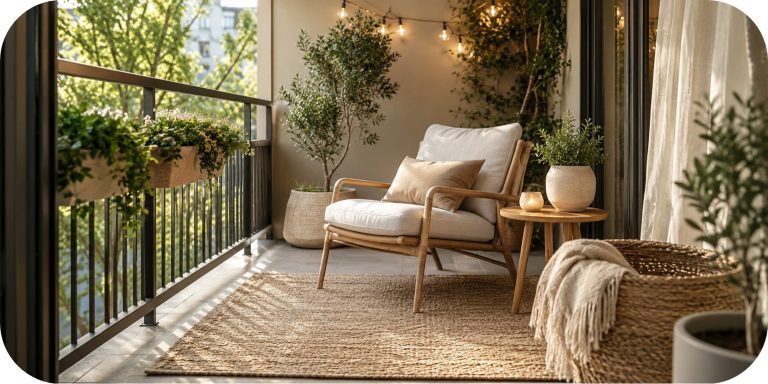 Small balcony styled with a neutral lounge chair, side table, outdoor rug, and soft greenery in a calm minimalist layout.