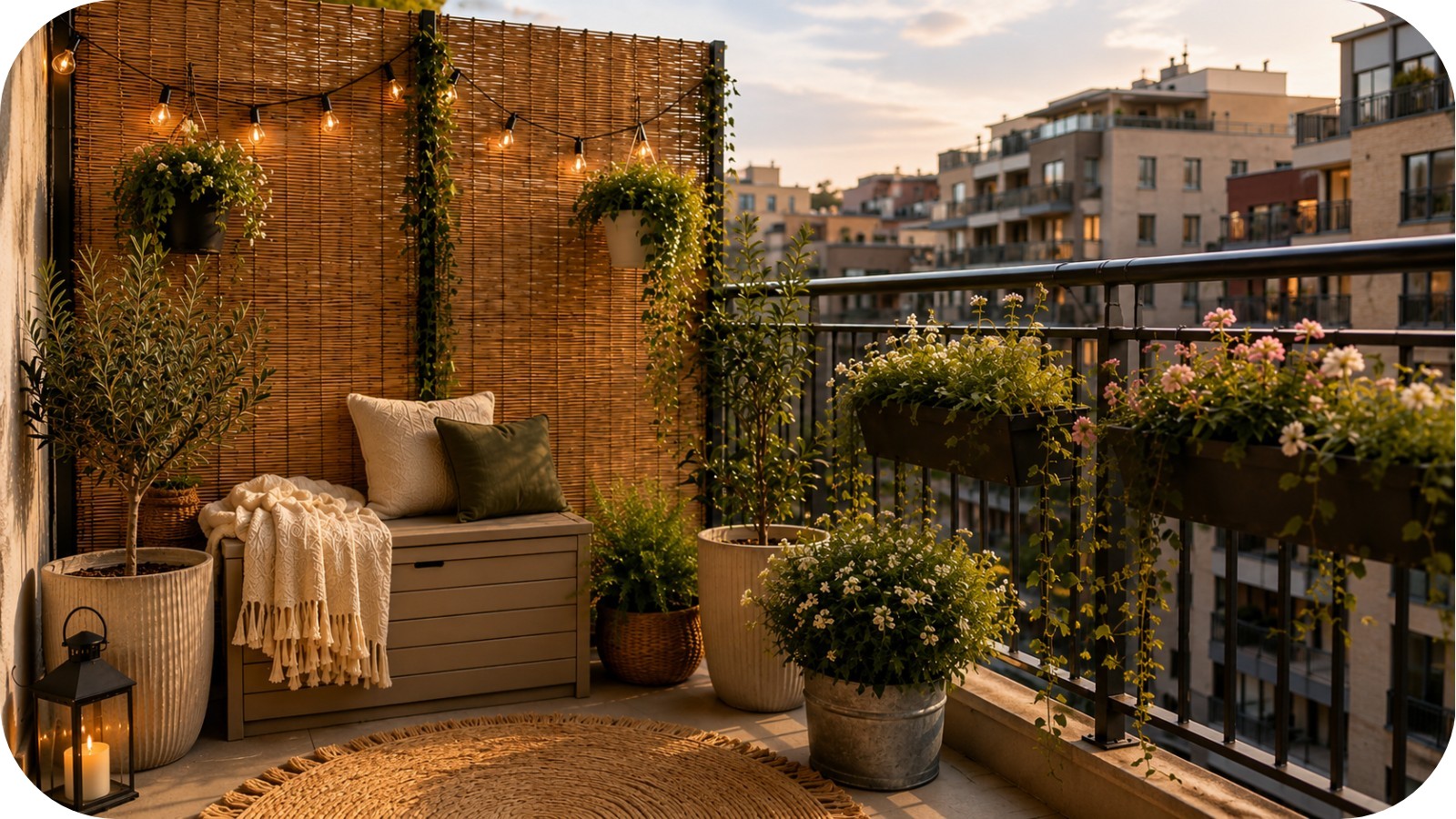 Warm urban balcony at sunset styled with vertical greenery wall, string lights, woven rug, cozy seating bench, and lush potted plants overlooking city buildings.