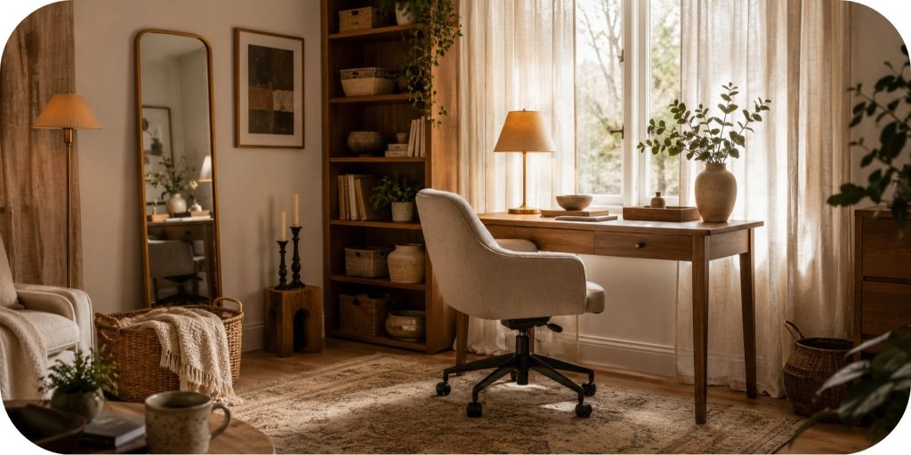 Warm neutral home office nook by a window with a wood desk, soft office chair, sheer curtains, desk lamp, woven basket, greenery, and layered textures.