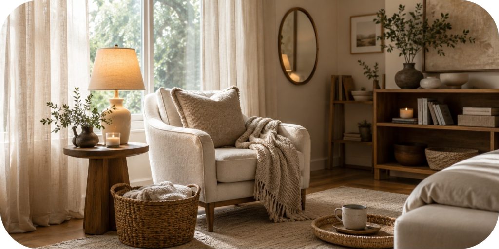Cozy warm neutral reading nook by a window with a cream accent chair, oatmeal throw blanket, woven basket, side table, lamp, ceramic mug, and soft curtains.