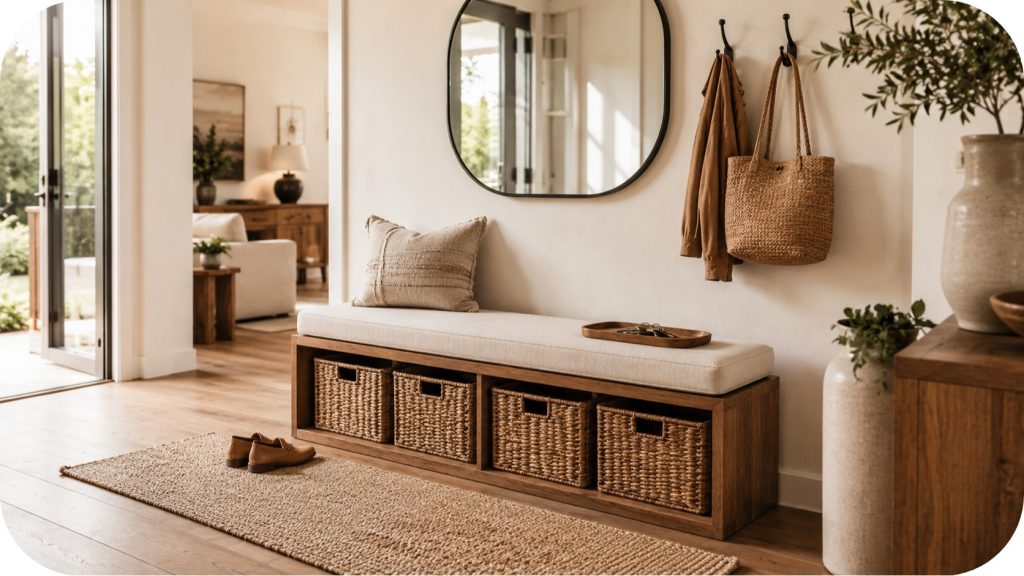 A clean entryway styled with a wooden bench and woven baskets underneath, paired with wall hooks, a mirror, and soft neutral tones in warm natural light.